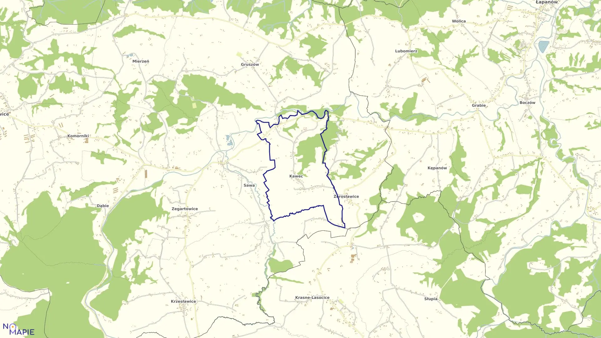 Mapa obrębu Kawec w gminie Raciechowice