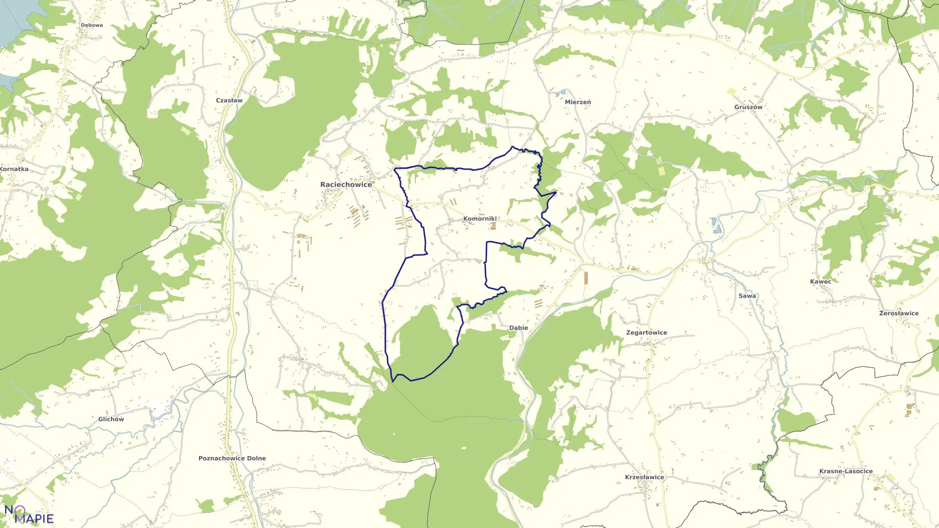 Mapa obrębu Komorniki w gminie Raciechowice