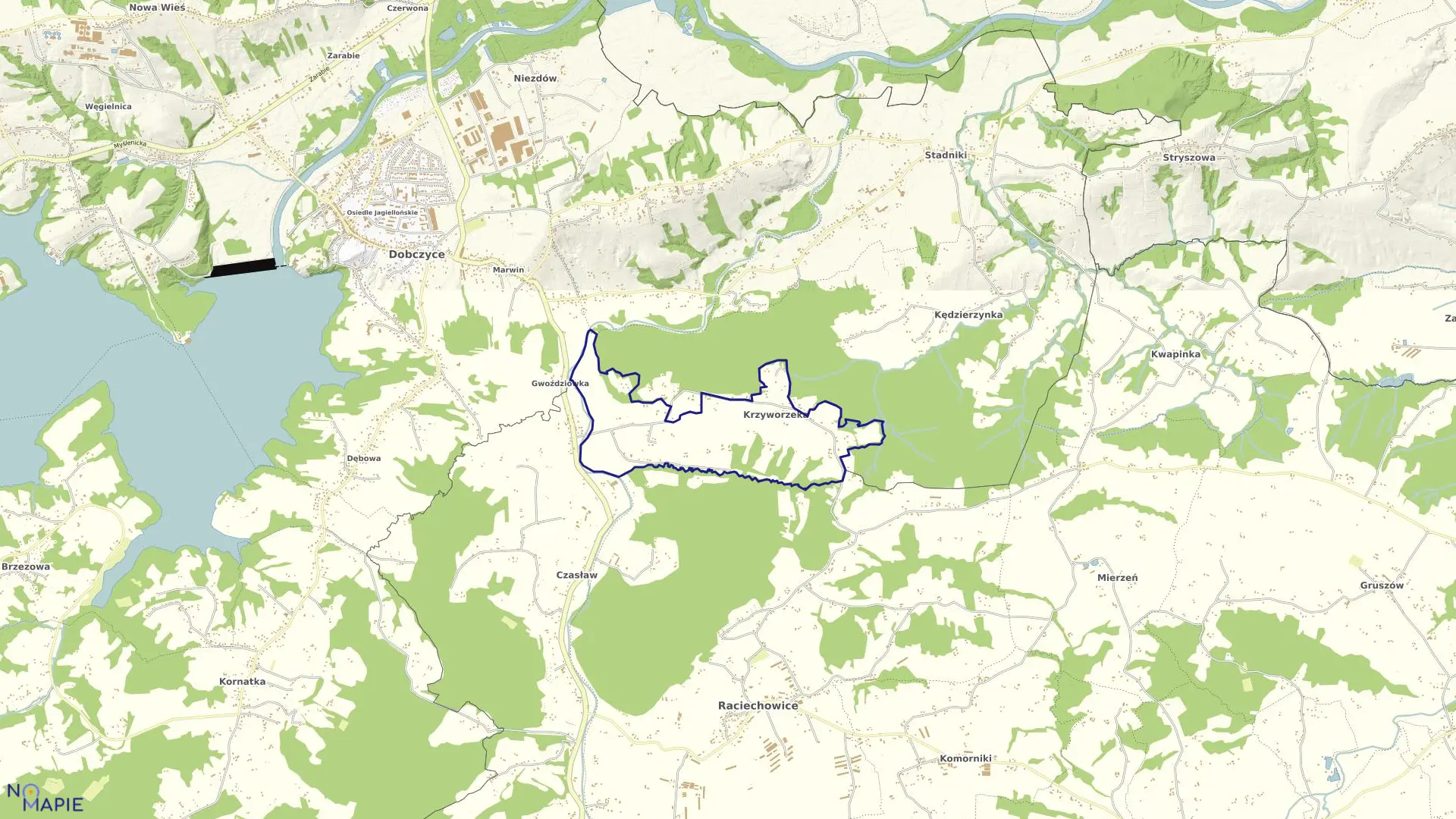 Mapa obrębu Krzyworzeka w gminie Raciechowice