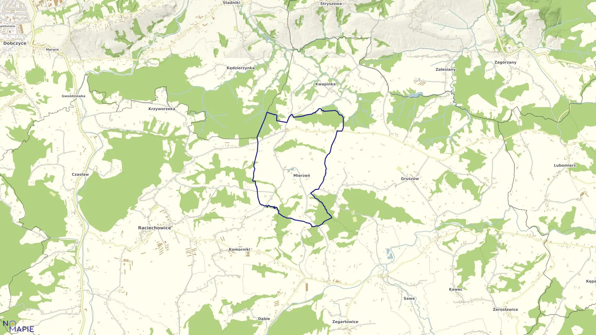 Mapa obrębu Mierzeń w gminie Raciechowice